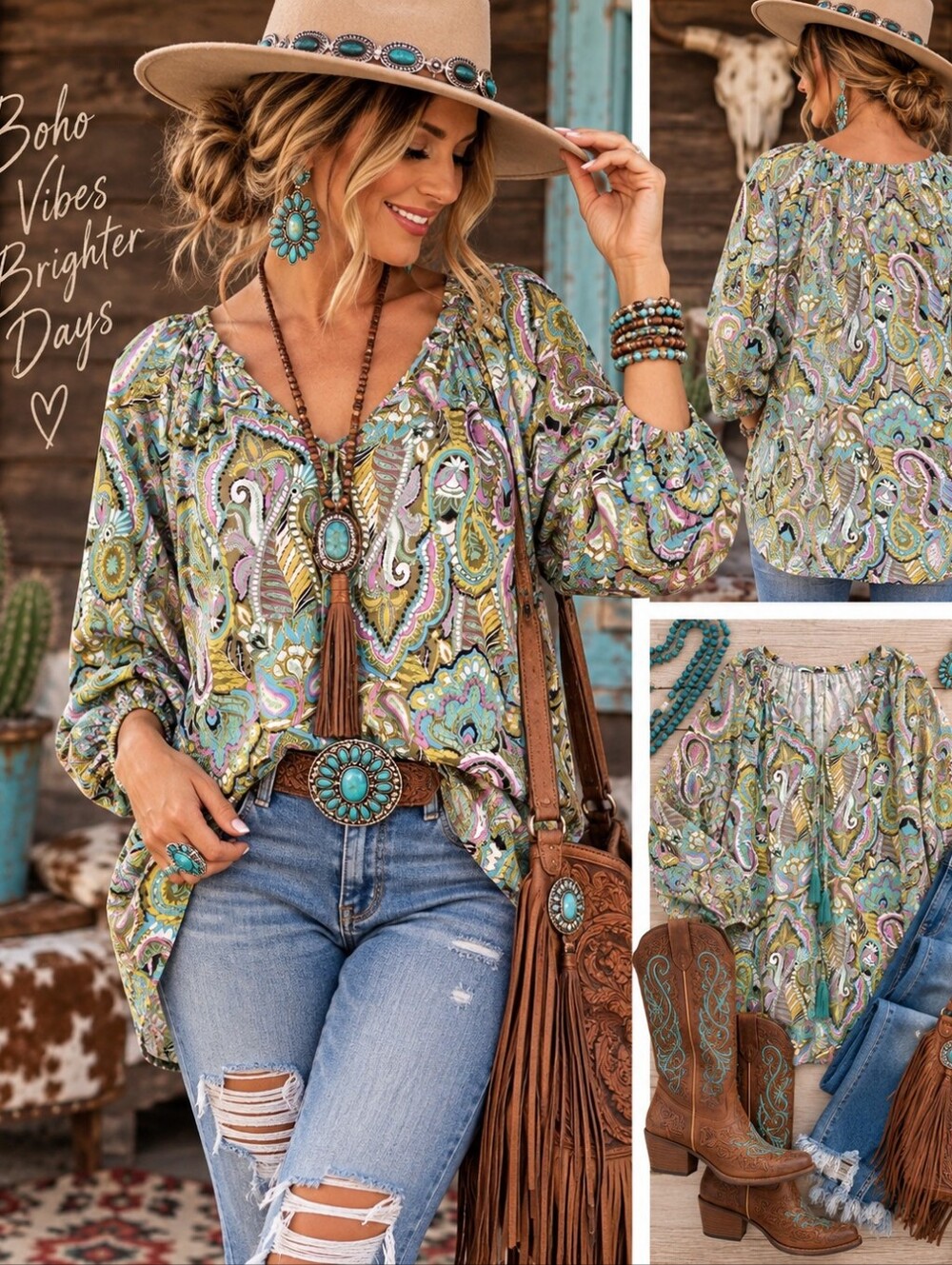 Rachel Roy Paisley Boho Blouse 1X Western Turquoise Print 3/4 Sleeve
